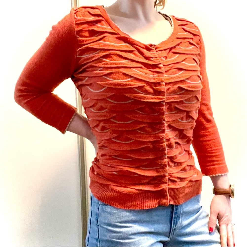 Anthropologie Little Yellow Bird Winter Waves Orange Cardigan Snap Front Sweater - Picture 4 of 11